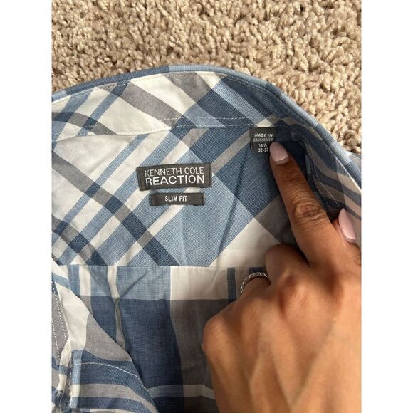 Kenneth Cole Large Pattern Blue Slim Fit Button Down Shirt 16 1/2 - Picture 3 of 3